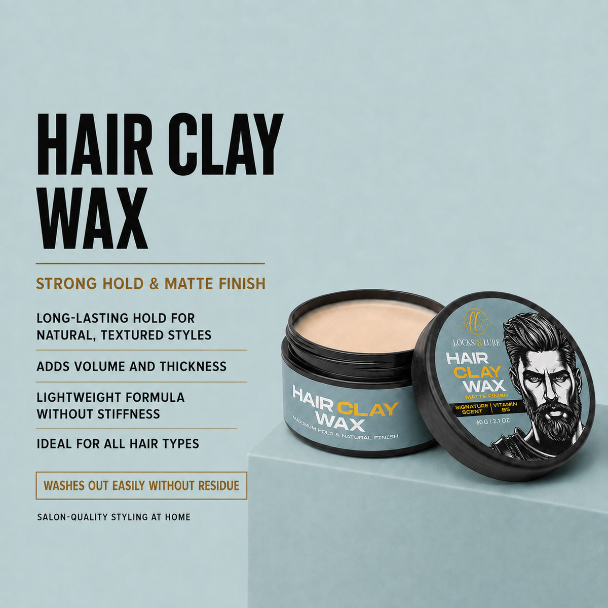 Hair Clay Wax styling product shown in an open black jar with the lid leaning beside it on a pale blue studio background, with large product text and feature callouts on the left.