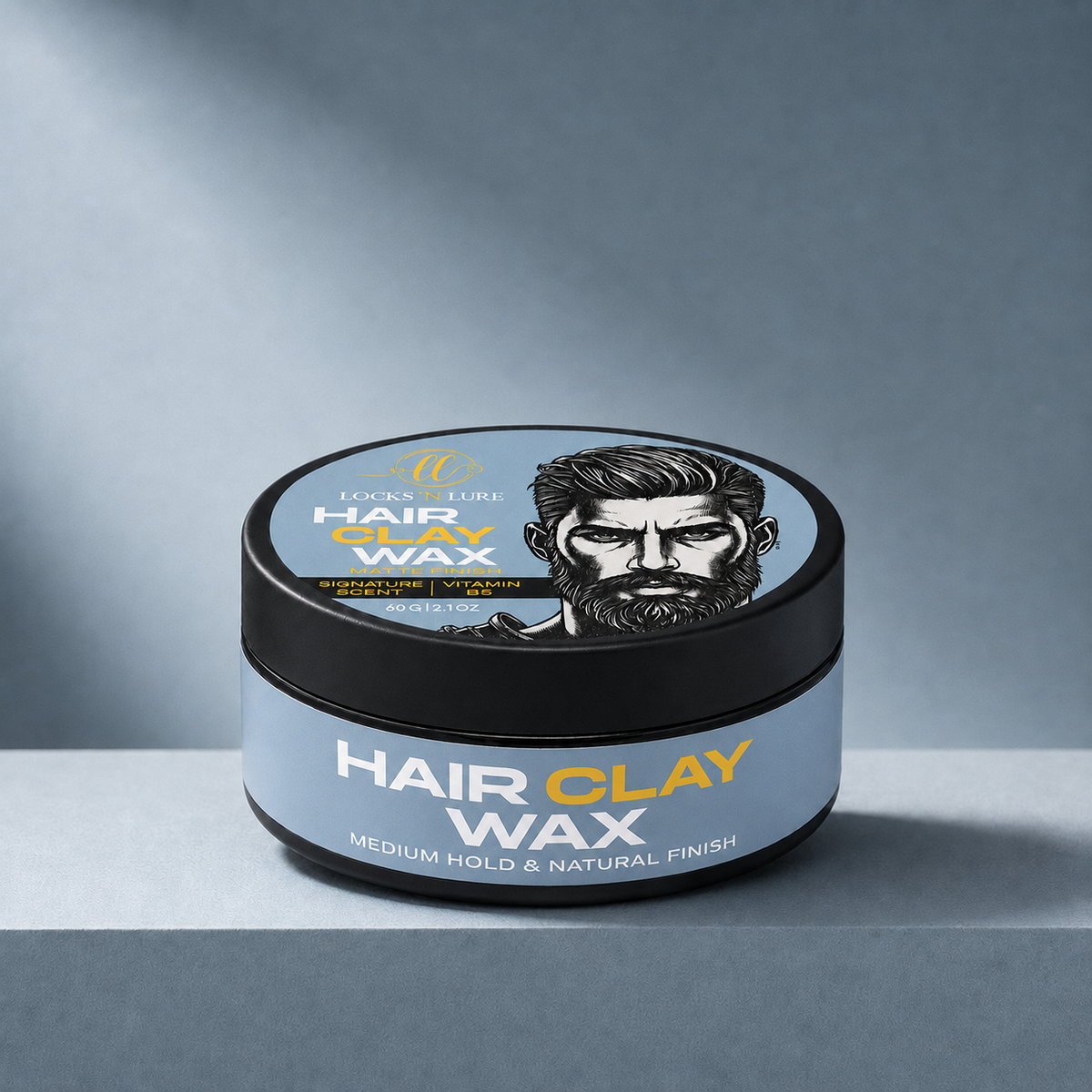 A jar of Looks Like You Hair Clay Wax with a medium hold and natural finish, featuring a black lid and a light blue label with a stylized illustration of a bearded man.