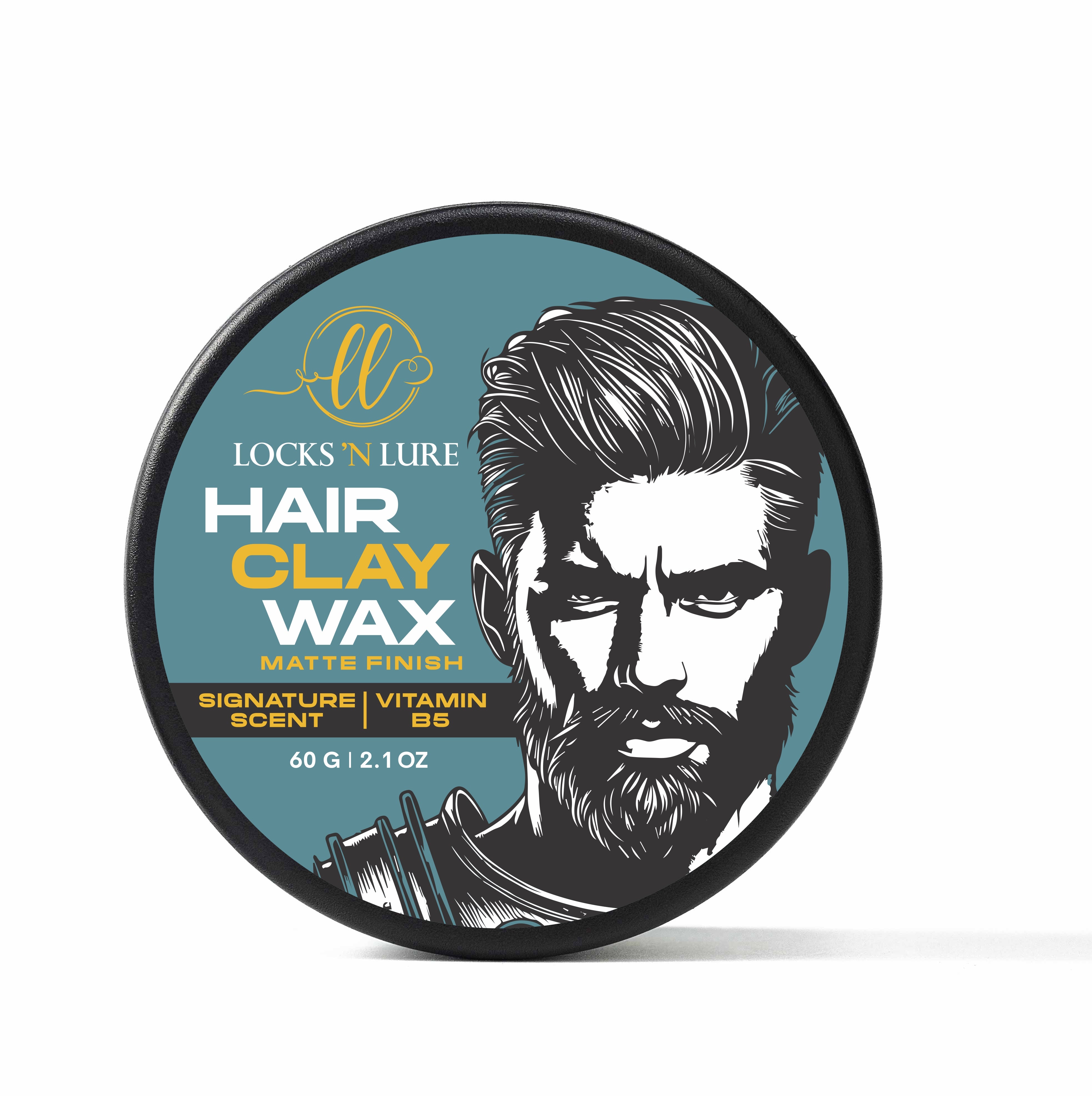 Hair clay wax container with a stylized illustration of a bearded man on a white background