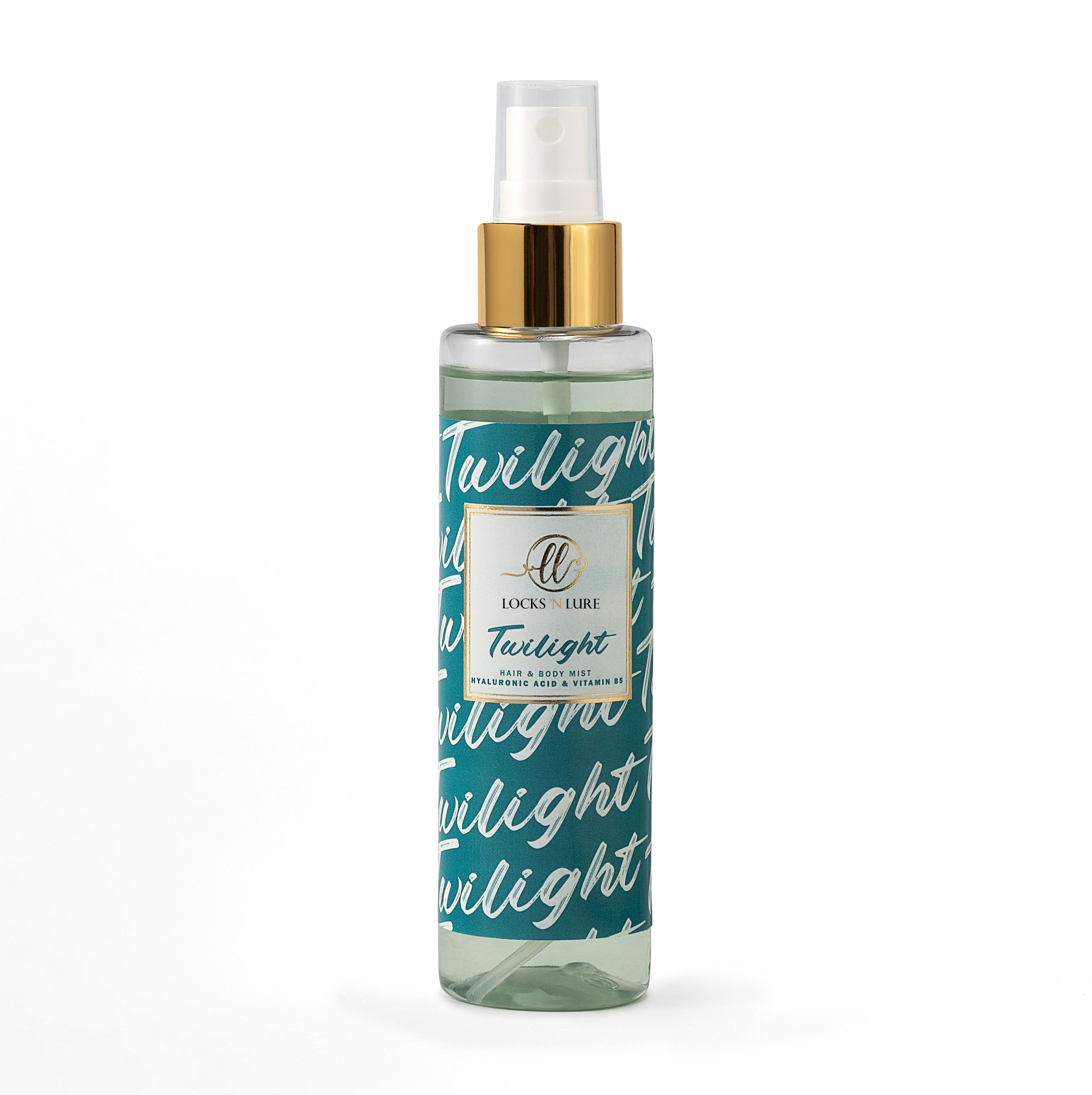 Twilight hair product bottle with gold cap on a white background