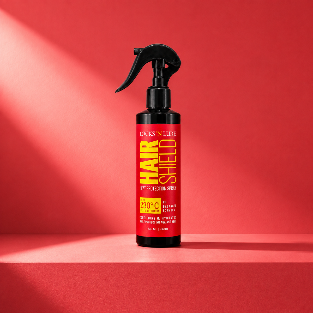 A bottle of Luck 'n' Lure Hair Shield Hair Protection Spray stands on a red platform against a red background with dramatic diagonal light rays.