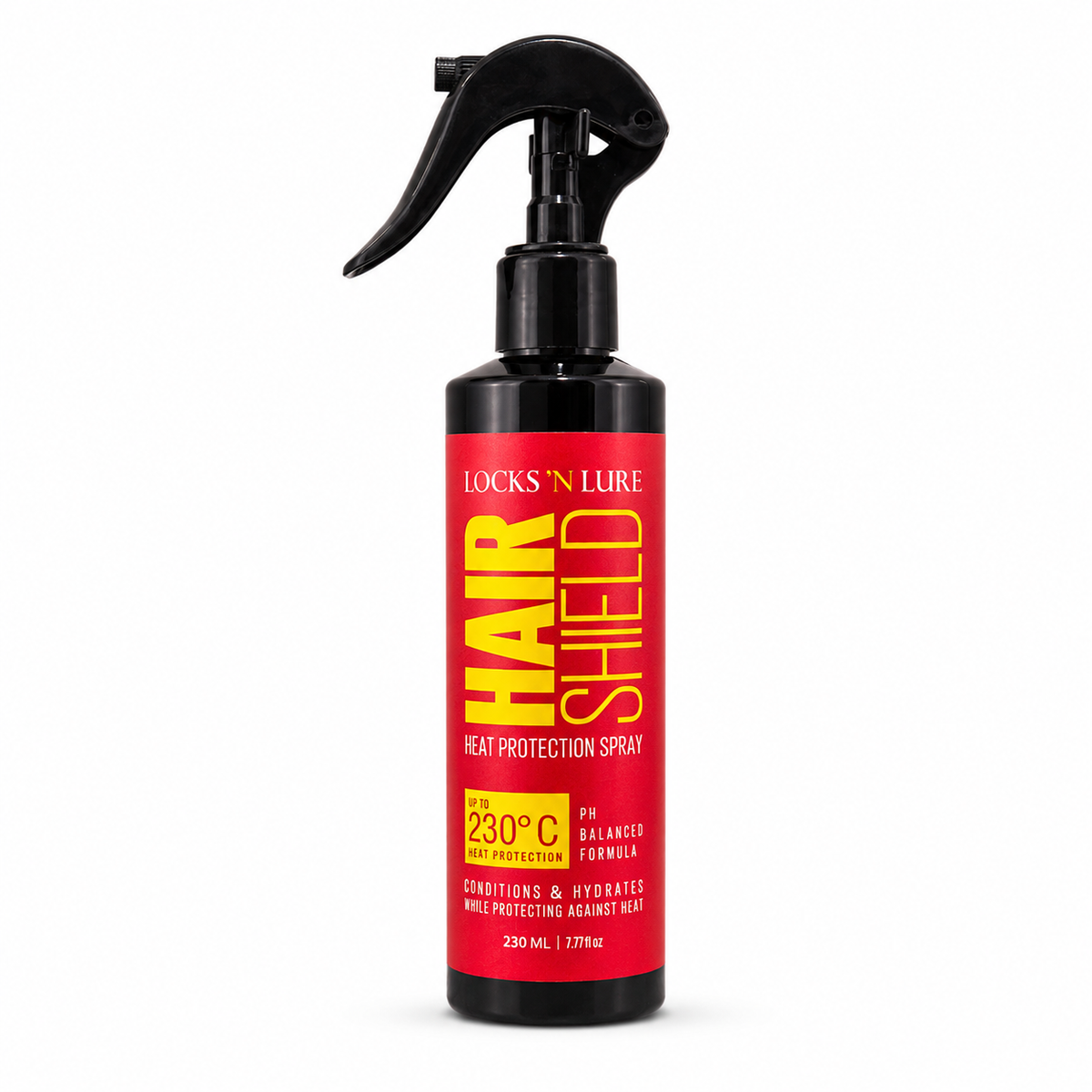 A bottle of Locks 'N Lure Hair Shield Heat Protection Spray, featuring a black trigger spray top and a red label with yellow and white text, set against a plain white background.
