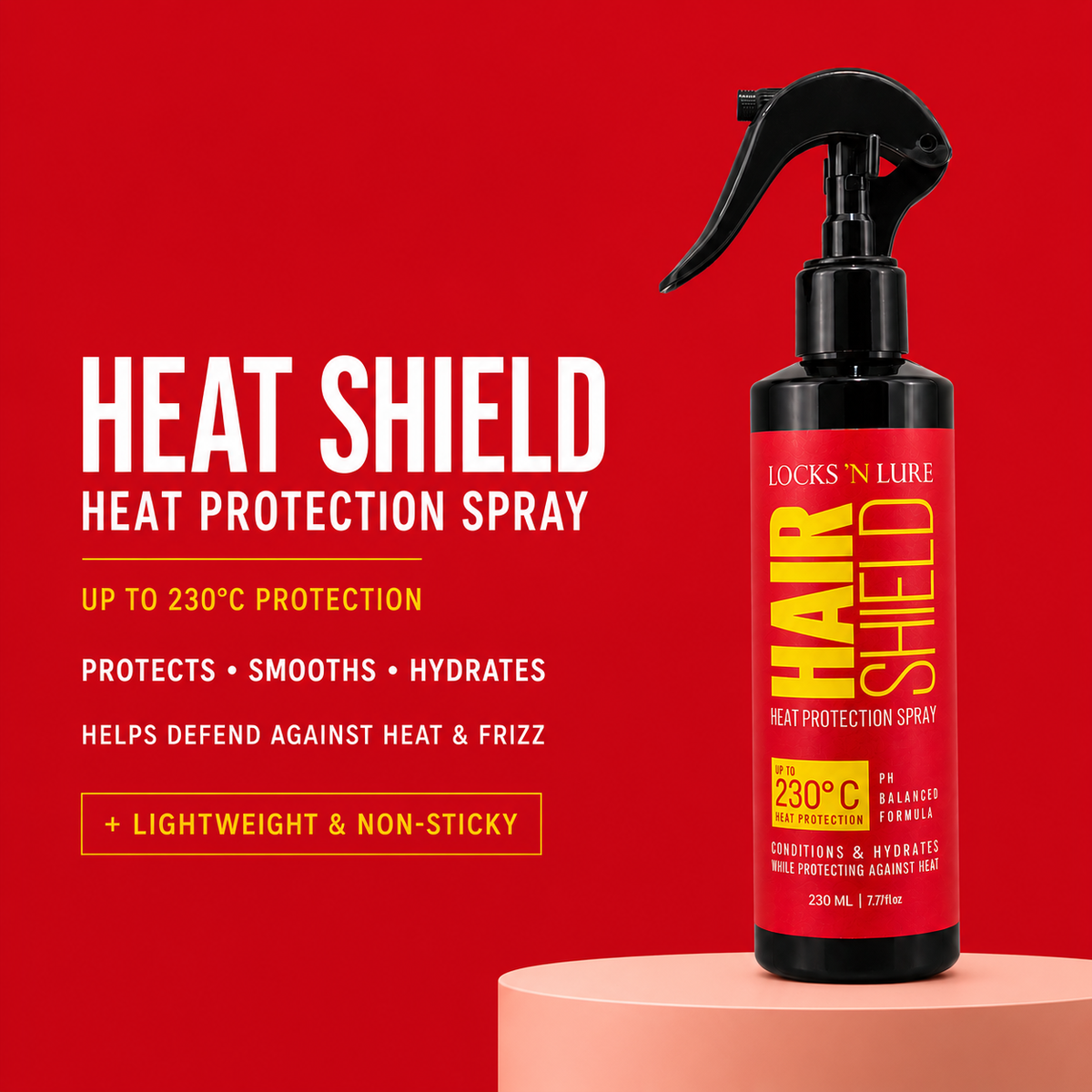 A bottle of Locks 'N Lure Hair Shield Heat Protection Spray stands on a pink pedestal against a bright red background. The spray bottle is black with a red label featuring yellow text.