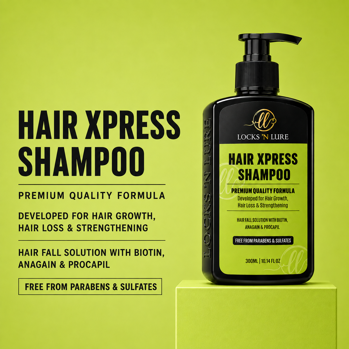 A bottle of Locks 'N Lure Hair Xpress Shampoo displayed on a bright lime green pedestal against a matching lime green background, with product text and benefits listed on the left.
