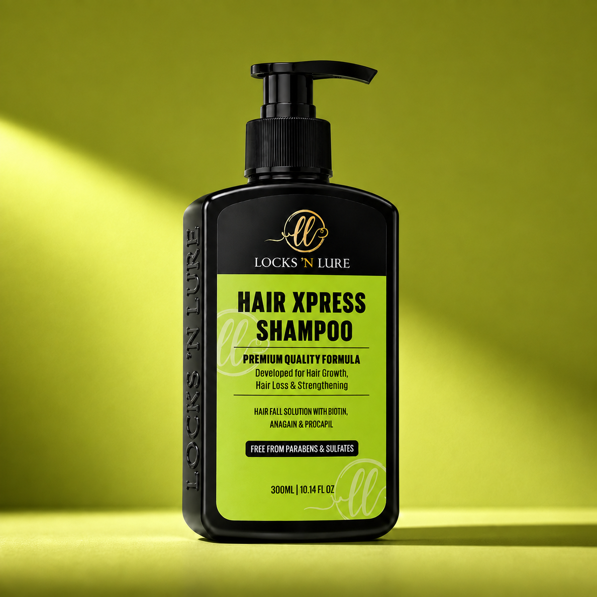 A black pump bottle of Locks 'N Lure Hair Xpress Shampoo with a bright lime green label, set against a matching lime green background with dramatic diagonal light rays.