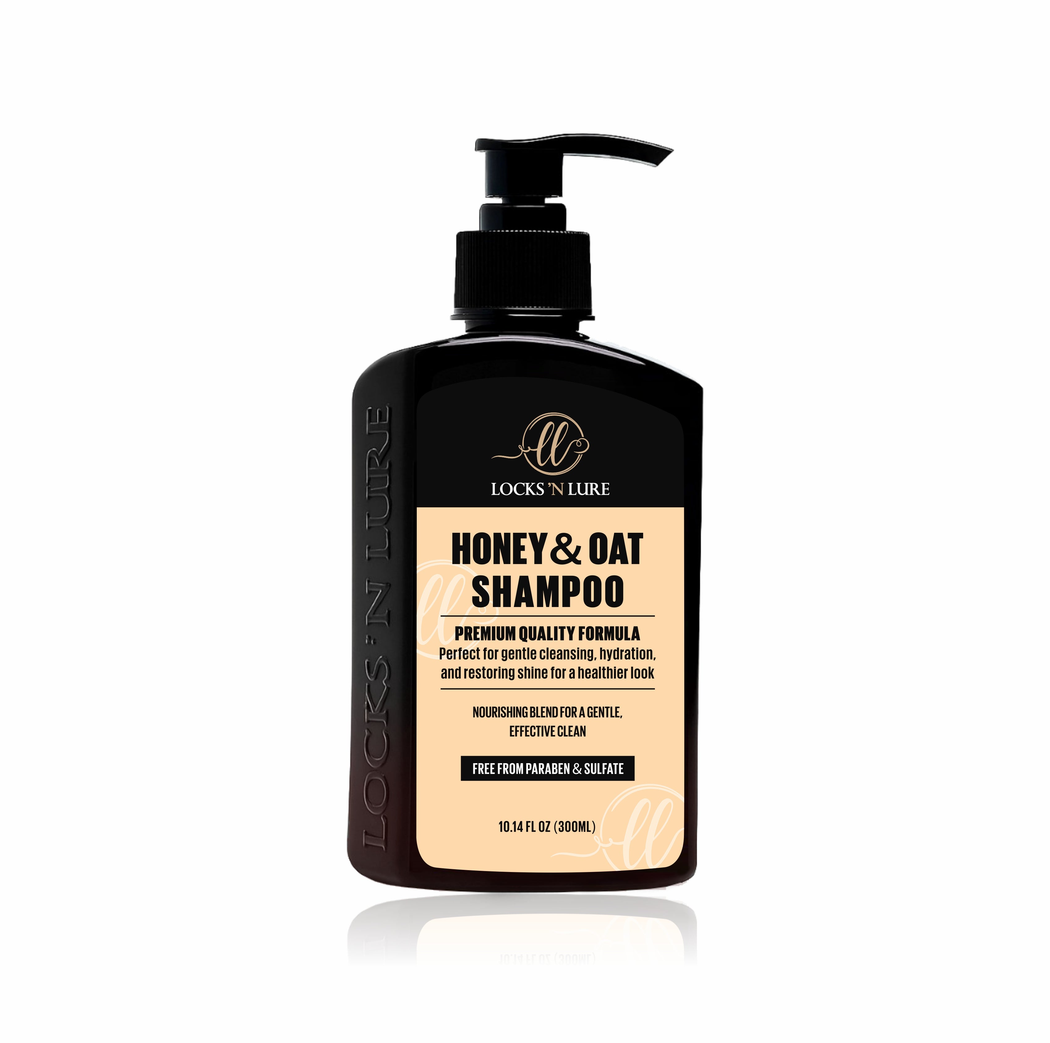 Shampoo bottle with honey and oat label on a white background