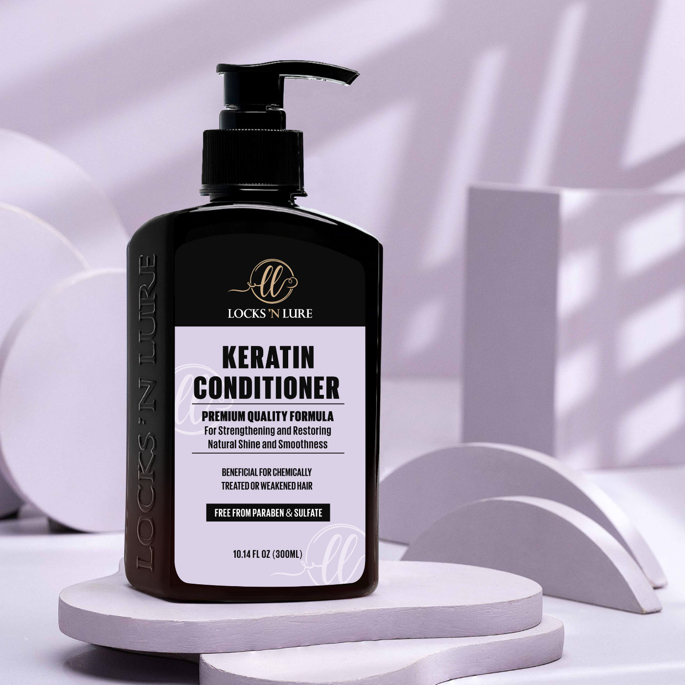 Keratin conditioner bottle on a white platform with a soft, blurred background