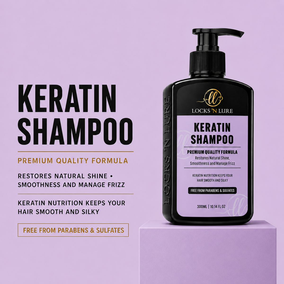 A bottle of Locks N Lure Keratin Shampoo displayed on a lavender pedestal against a matching lavender background, with large product text and marketing copy on the left.