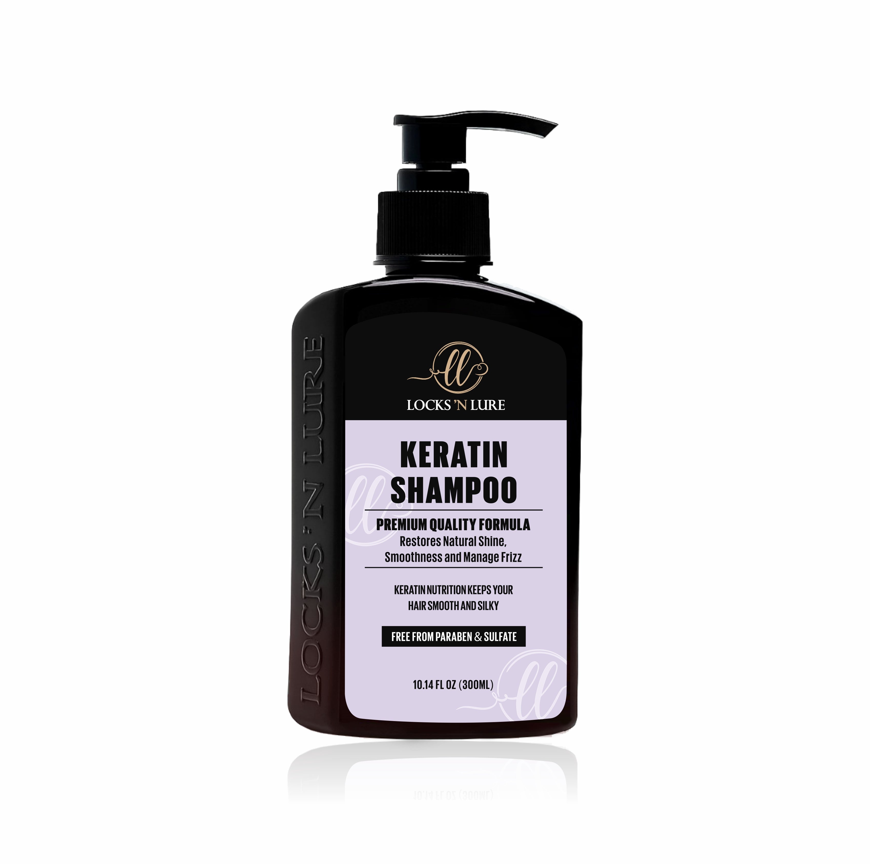 Black shampoo bottle with a label on a white background