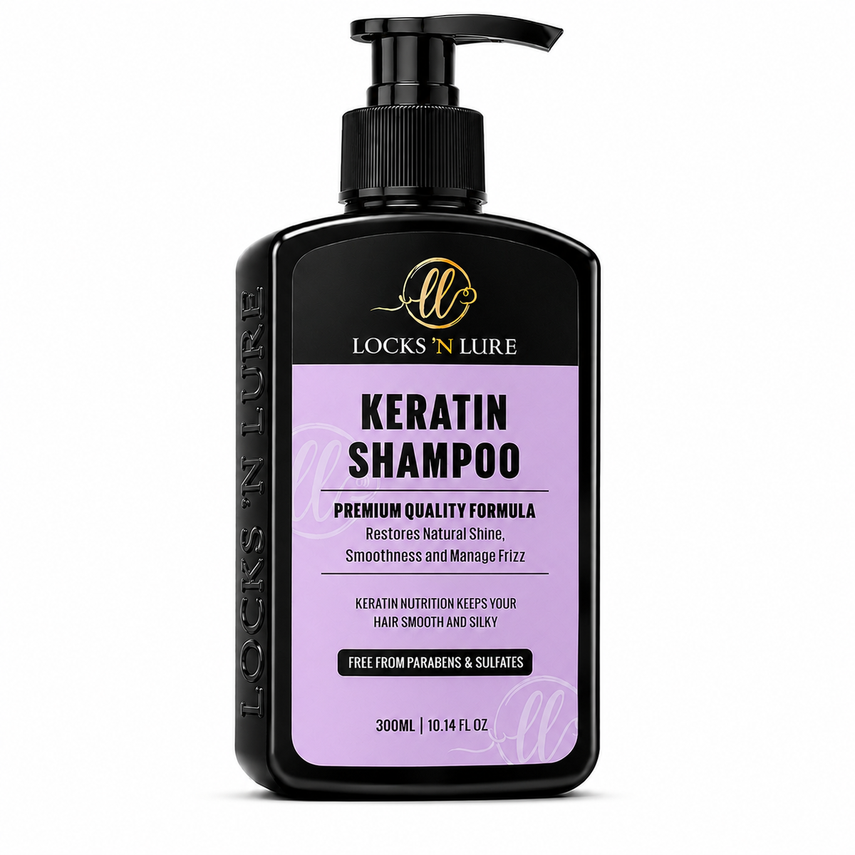 A 300ml black pump bottle of Locks 'N Lure Keratin Shampoo with a lavender label, shown on a clean white background.