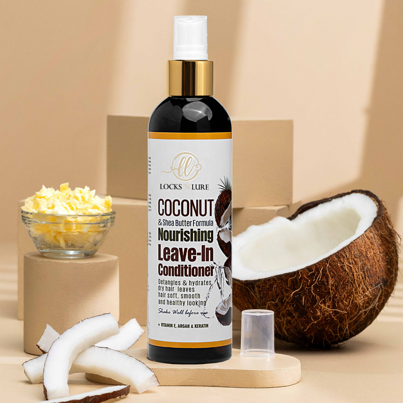 Coconut-based hair care product with a coconut and butter in the background on a beige surface