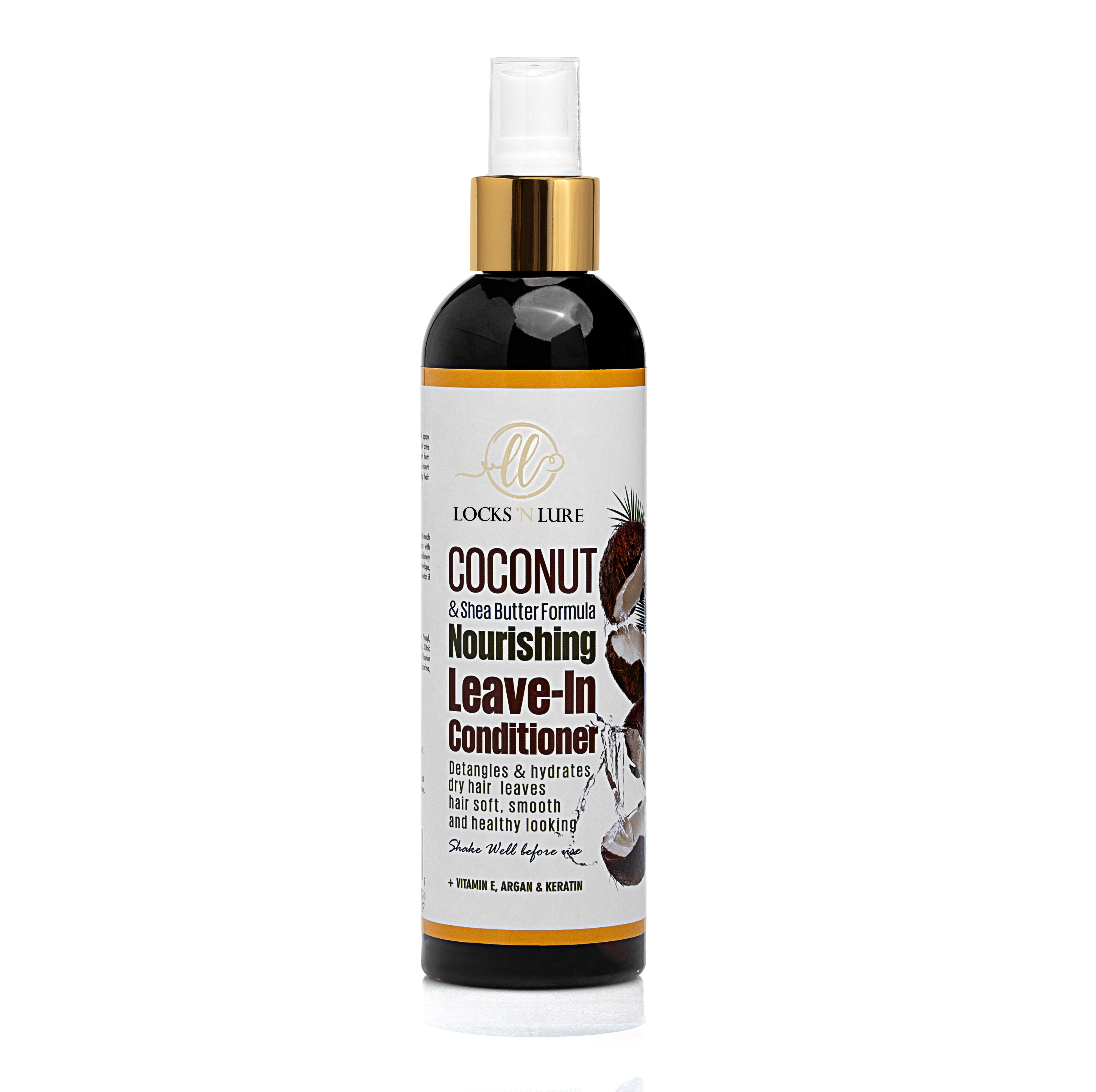 Coconut and shea butter formula leave-in conditioner bottle on a white background