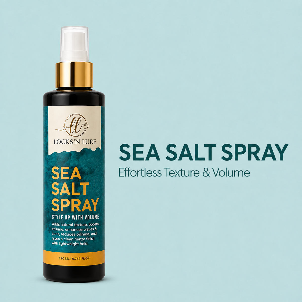 A bottle of Locks 'N Lure Sea Salt Spray with a gold pump and white cap, set against a light blue background with text reading 'SEA SALT SPRAY' and 'Effortless Texture & Volume'.