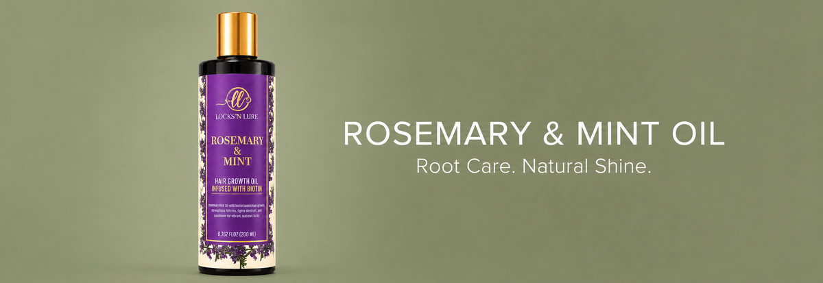 A bottle of Rosemary & Mint Oil hair care product stands on the left against an olive green background, with large white text on the right reading 'ROSEMARY & MINT OIL' and smaller text 'Root Care. Natural Shine.