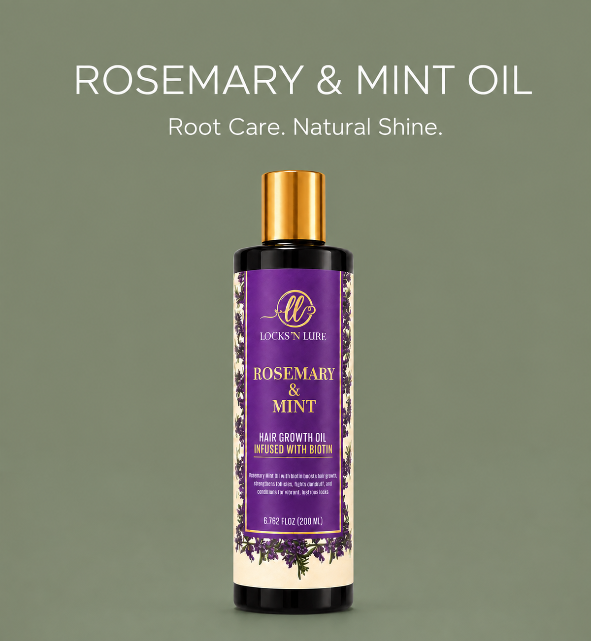 A bottle of Locks 'n Lure Rosemary & Mint Hair Growth Oil with a purple label and gold cap, centered on a muted sage green background with the text 'ROSEMARY & MINT OIL' above it.