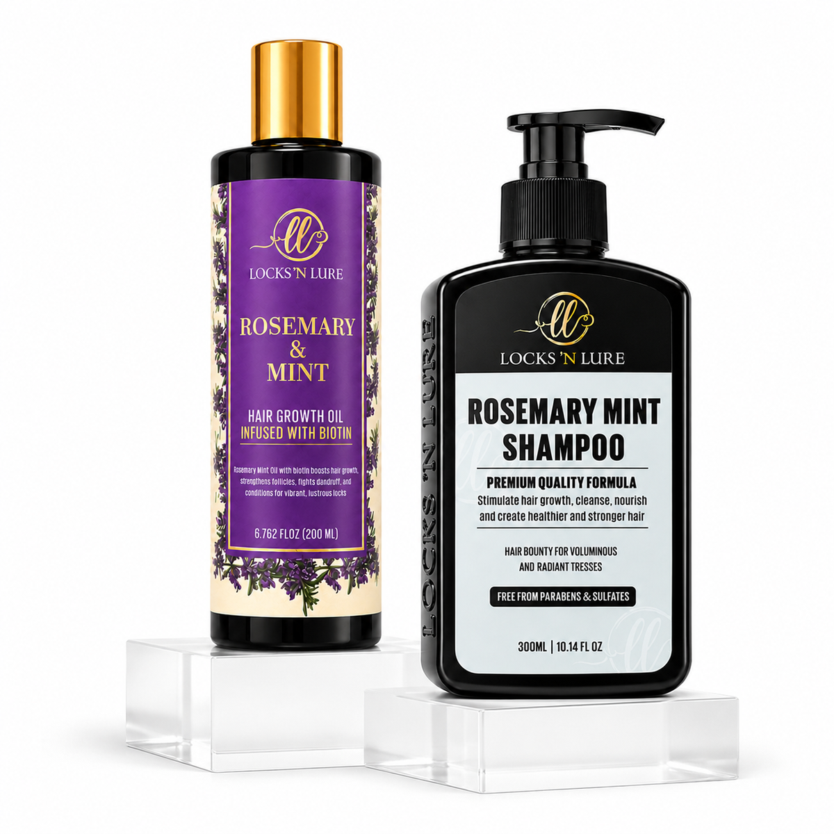 Two Locks N Lure hair care products displayed on clear acrylic risers against a white background: a bottle of Rosemary & Mint Hair Growth Oil with a purple label and gold cap, and a pump bottle of Rosemary Mint Shampoo with a black label and black pump.