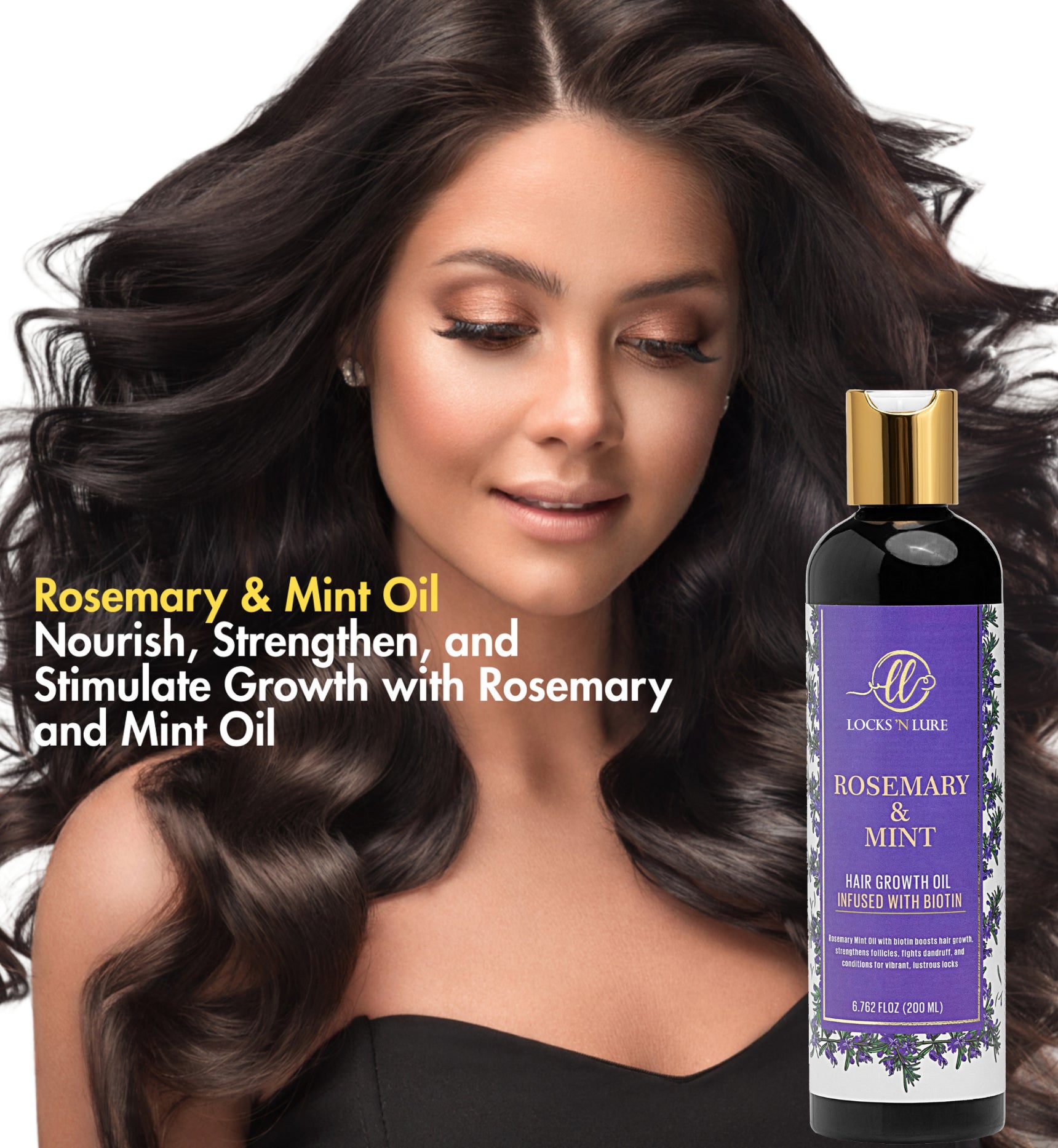 Woman with long, wavy hair next to a bottle of Locks of Luce Rosemary & Mint Hair Growth Oil.