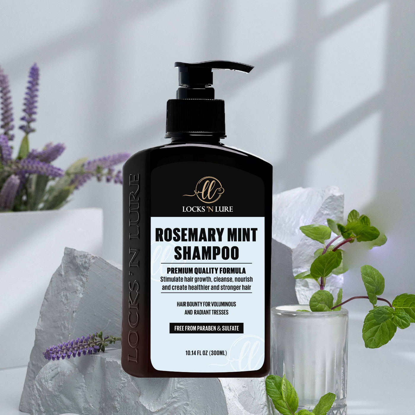 Locks 'N Lure Rosemary Mint Shampoo bottle with natural elements in the background