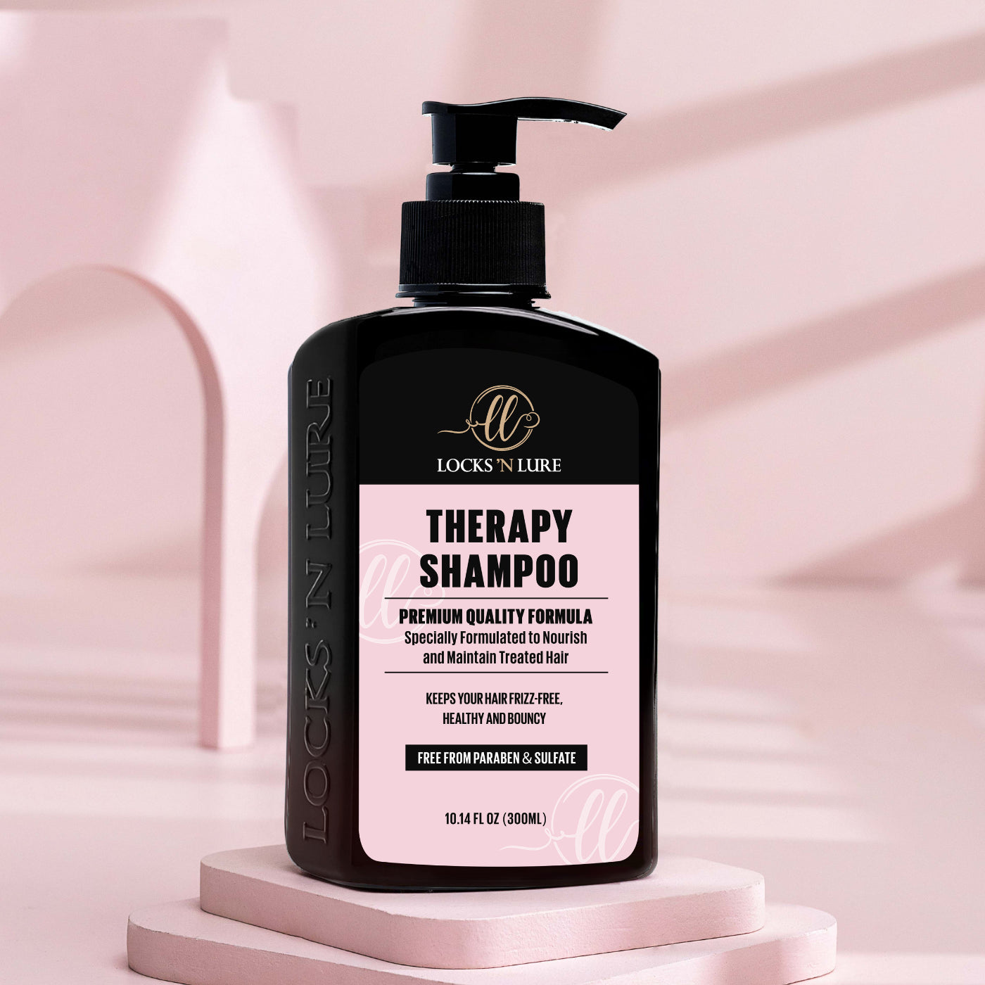 Locks 'N Lure Therapy Shampoo bottle on a pink background