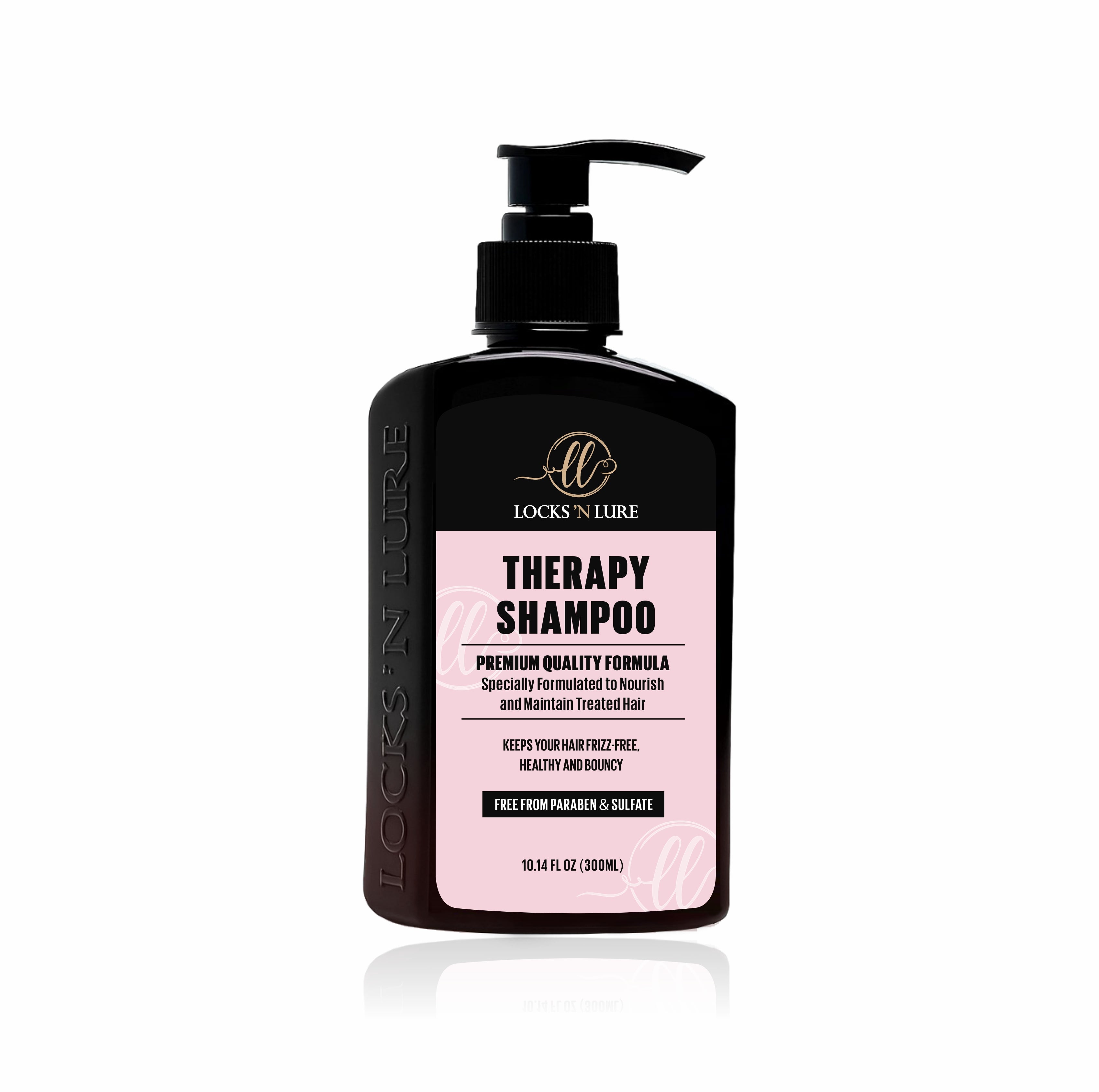 Black shampoo bottle with pink label on a white background