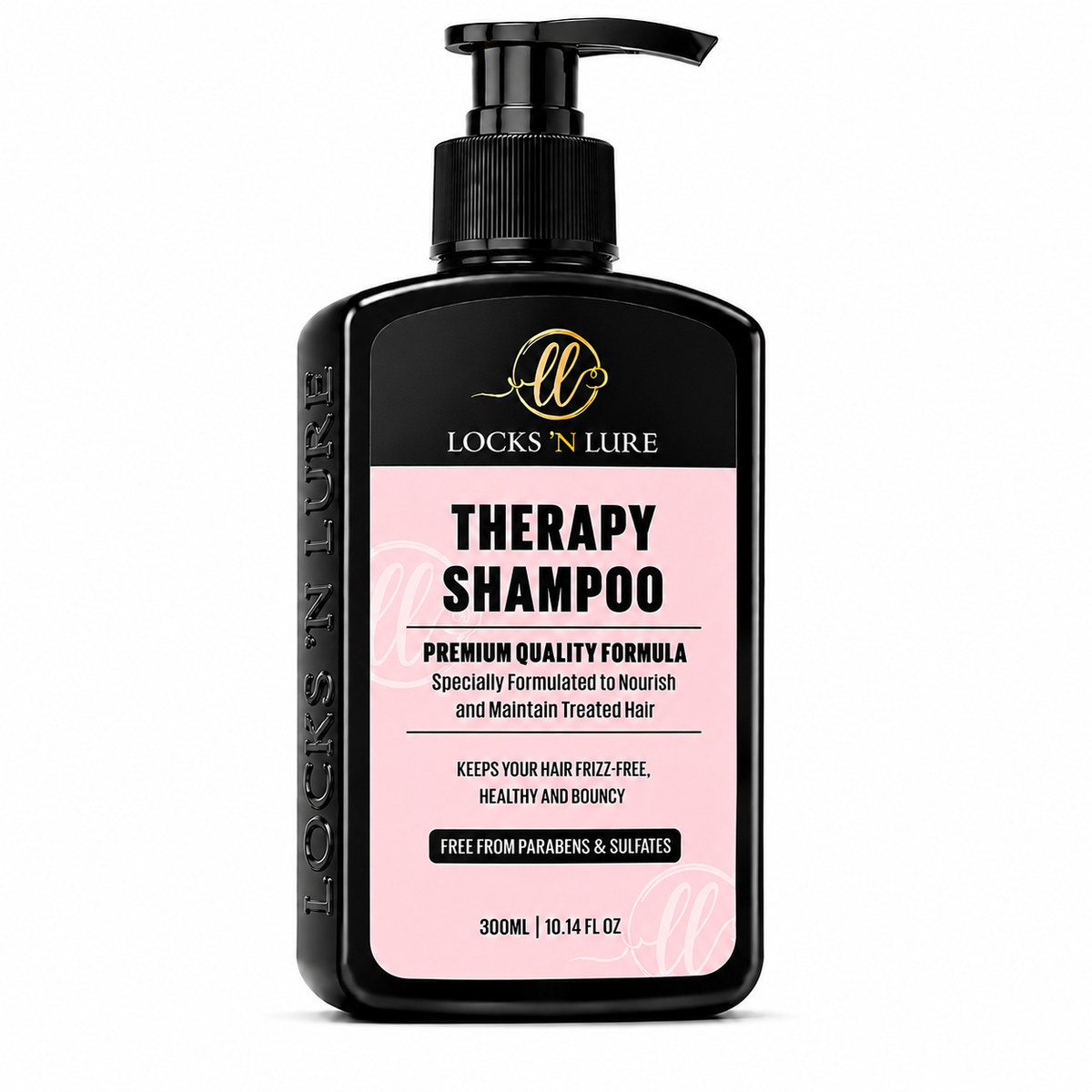 A 300ml bottle of Locks 'N Lure Therapy Shampoo, featuring a black plastic container with a black pump and a pink label, set against a plain white background.