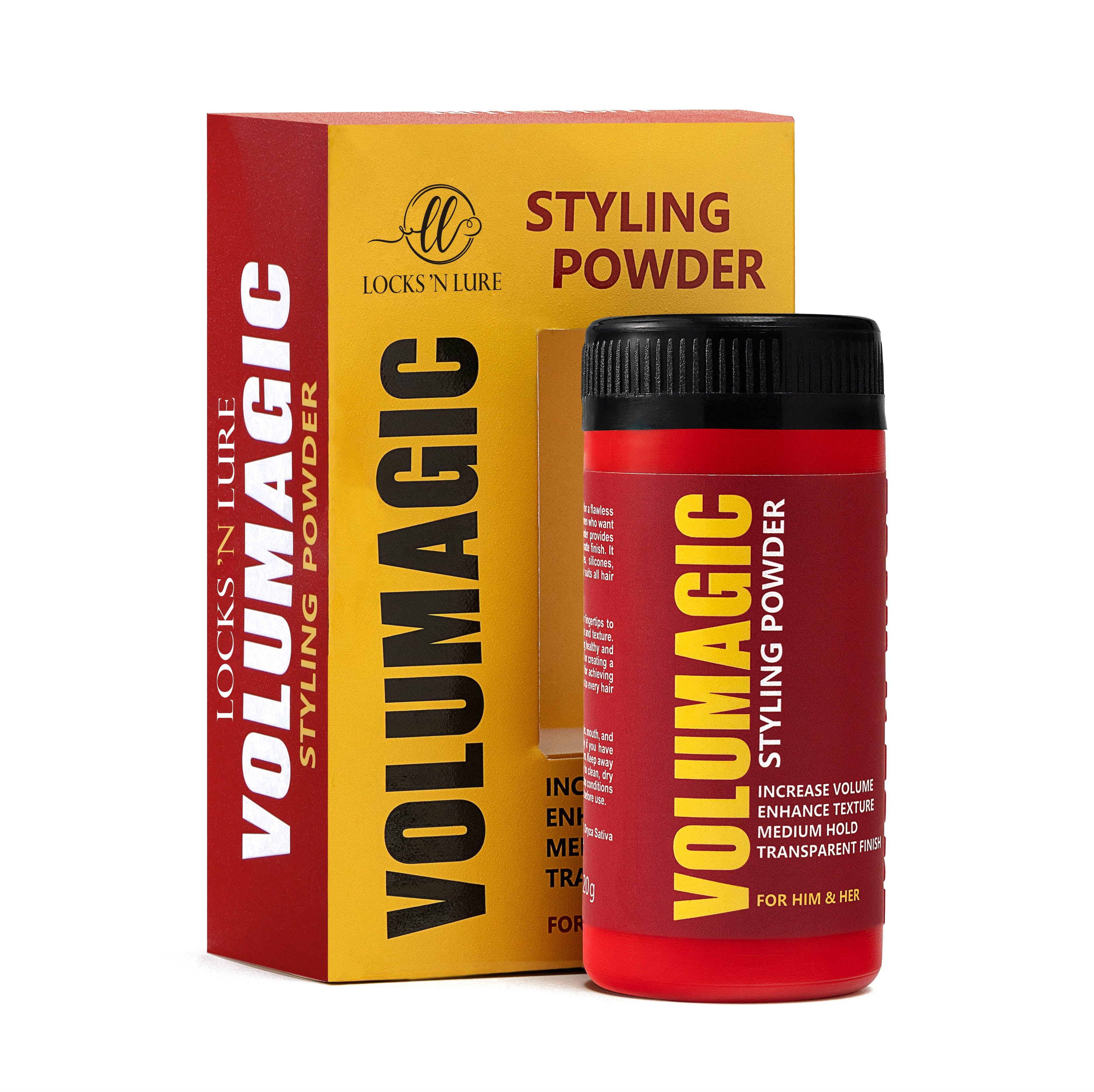 Volumagic styling powder packaging with red and yellow design on a white background