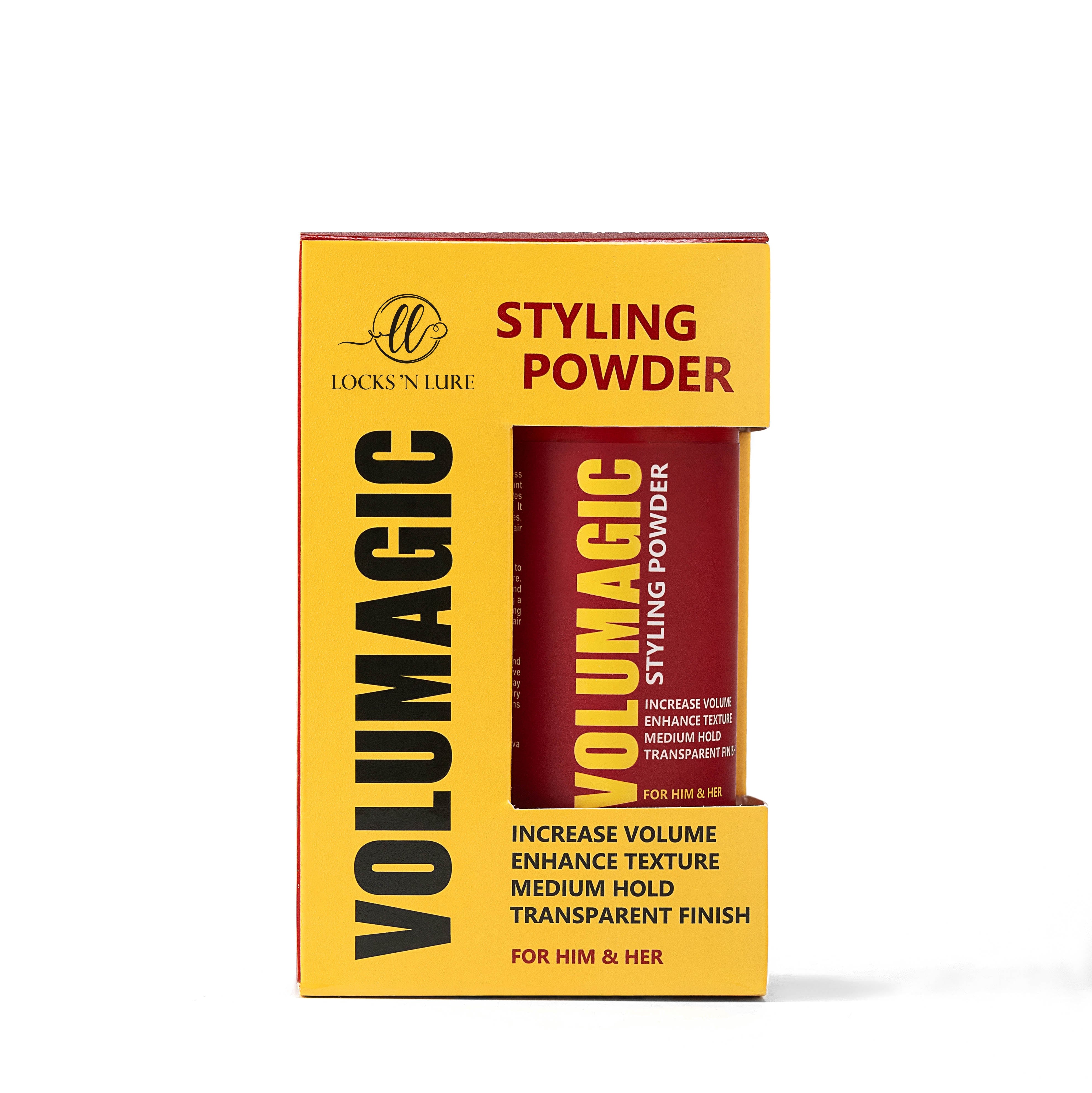 Volumagic Styling Powder packaging with yellow and red design on a white background