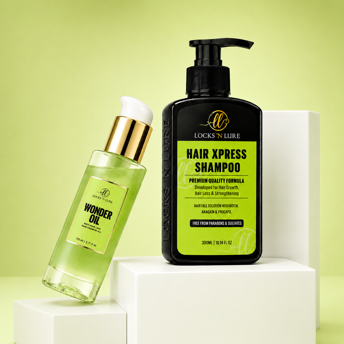 A bottle of Locks 'N Nature Hair Xpress Shampoo in a black pump bottle with a bright green label, displayed next to a glass bottle of Wonder Oil with a gold cap on white display blocks against a light green background.